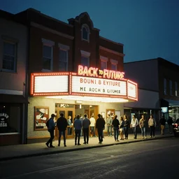 a photograph taken with anscochrome 2 0 0, in color, street view of the small theater of the town, with a back to the future banner!!!!!!! a lot of people in a line to enter the theater, ultra detailed, almost night, 1 9 8 5,