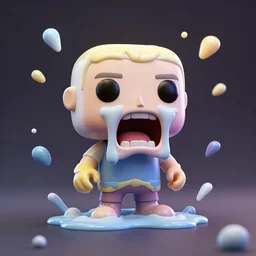 single crazy melting plastic toy Pop Figure characterdesign product, C4d, by pixar, by dreamworks, screaming with drooling mouth open, in a Studio hollow, surrounded by flying particles