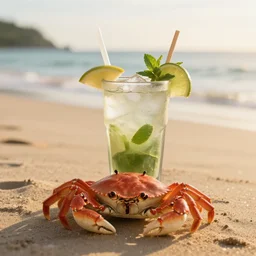 photo of a crab drinking a mojito at the beach, golden hour, Breathtaking, 8k resolution, extremely detailed, beautiful, establishing shot, artistic