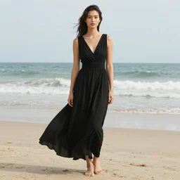 woman on the beach, black dress, part leyendecker style, part dean cornwell style