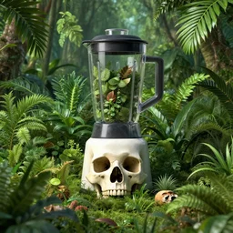 abstract overgrown plants skull from a blender render in a lush jungle, nature taking back, highly detailed