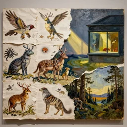 museum exhibit with creatures by shaun tan, detailed, intricate, torn paper collage, oil on canvas by edward hopper, ( by mattias adolfsson ), by moebius