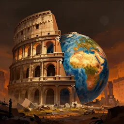 rome in a post apocalyptic earth as seen by greg rutkowski, dark theme, enchanted, warm colors, high quality, waw, trending on artstation