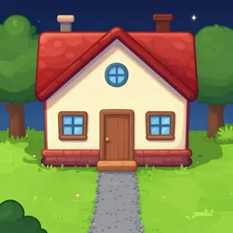 a house with a gravel path leading to the door, from a space themed Serria point and click 2D graphic adventure game, high quality cartoon style graphics