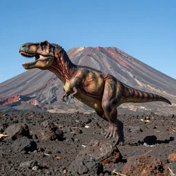 t - rex running on a volcano mountain