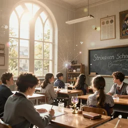 Strixhaven school, D&D fantasy, magical school, bright day light sun, magic classroom, studying, cinematic, bloom, lens flare, highly detailed, digital painting, trending on artstation, pixiv, concept art, sharp focus, illustration, art by Greg Rutkowski
