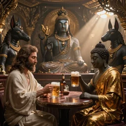 jesus and buddha in a bar drinking brear with vishnu and anubis