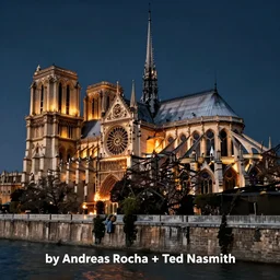 Notre dame burning and crumbling, by Andreas Rocha + Ted Nasmith, dark, cinematic lighting, masterpiece, highly detailed, 8k resolution, trending on art station