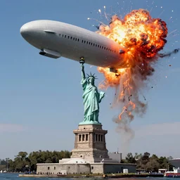 disaster photography,  airship hits the statue of liberty, full color, explosion, 8k, hd, high resolution