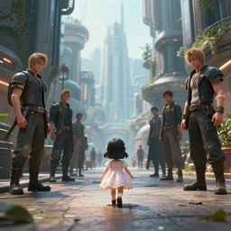 a portrait of a small person wearing a cute dress in the middle foreground walking in the street of a sci-fi city by Greg Rutkowski, Sung Choi, Mitchell Mohrhauser, Maciej Kuciara, Johnson Ting, Maxim Verehin, Peter Konig, final fantasy , mythical, 8k photorealistic, cinematic lighting, HD, high details, atmospheric,