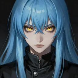 face shot of rimuru tempest, sky blue straight hair, long bangs, with amber eyes, gold eyes, wearing a black jacket, high collar, ultra detailed, brush strokes, digital painting, cinematic, wlop artstation, closeup, pixiv, eerie, scary, intimidating glare, evil, yoshitaka amano, junji ito,
