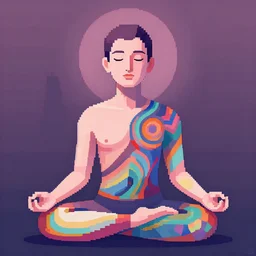 extemporaneous, atmospheric by nagel patrick pixel art, rose quartz. a computer art of a man with a large head, sitting in a meditative pose. his eyes are closed & he has a serene look on his face. his body is made up of colorful geometric shapes & patterns that twist & turn in different directions.
