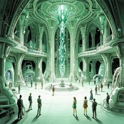 a cinematic shot of the interior of a sci - fi space station with ornate elven architecture bustling with people by jean giraud moebius, crystalline, emerald, detailed matte illustration by moebius, clean lines, sharp focus