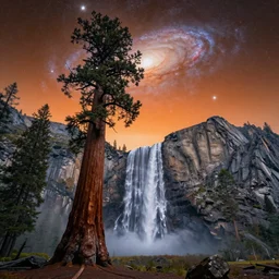 gediminas pranckevicius an landscape view, orange sky, galaxies and star in the sky, immense waterfall, giant sequoia, massive mountains, epic composition, 4 k, detailed, realistic