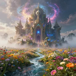 a large alien shrine shrouded by mystic nebula magic in a field of flowers, breath - taking beautiful flowers, streams, nebula, and mist, an aesthetically pleasing, dynamic, energetic, lively, complex, intricate, detailed, well - designed digital art of magic, streams, flowers, and mist, early morning, light and shadow