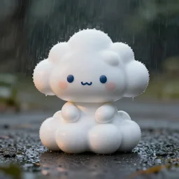 cute cloud action figure sitting in the rain