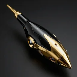 sleek paracausal interstellar weaponry in gleaming obsidian black and scintillating 24K gold designed by HP