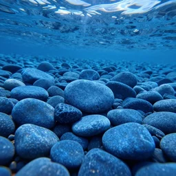macro photography of underwater large blue pebbles, close to the surface with ripples of sunlight,realistic, 4k