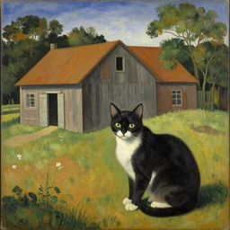 painting of a cat next to a farm house by tarsila do amaral