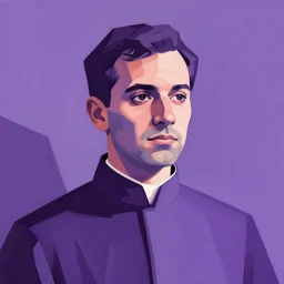 priest, portrait. bauhaus, angular, geometric. purple color theme. flat, solid background. simple shapes. strong outline