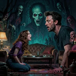cinematic colorful horror artwork by artgerm, beksinski, mark brooks, stephen king ; real life full portrait of ben affleck facing his wife dove cameron shouting at living room ; ground level wide shot low angle ; night ominous scary, 8 k hdr, creepy intricate ; volumetric dramatic lighting, insanely detailed, haunting