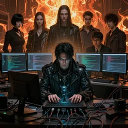 realistic dark cyberpunk man coding character casting eldritch magic, a lot of cables around, by francis bacon, by ayami kojima, by amano, by karol bak, greg hildebrandt, by mark brooks, by alex grey, by zdzisław beksinski, by takato yamamoto, wrapped thermal background
