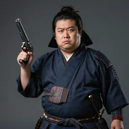 portrait of a very very rotund samurai holding a pistol