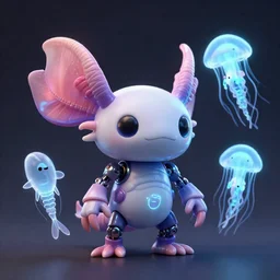 cute! biomechanical axolotl, parasite, ghost shrimp, Barreleye fish, translucent SSS xray, Barreleye, rimlight, jelly fish dancing, fighting, bioluminescent screaming pictoplasma characterdesign toydesign toy monster creature, zbrush, octane, hardsurface modelling, artstation, cg society, by greg rutkowksi, by Eddie Mendoza, by Peter mohrbacher, by tooth wu, 8k, cyberpunk
