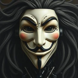 perfectly centered portrait, front view of a biomechanical android alien anonymous mask guy fawkes robot, flowing hair, intense stare, sarcastic smile, symmetrical, concept art, intricate detail, volumetric shadows and lighting, realistic oil painting by tim hildebrandt and greg rutkowski,