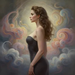 side profile, 5 0's pinup girl, elden ring, elegant, highly detailed, concept art, smooth, colorful swirly magical clouds, muted colors, by huang guangjian, sachin teng, greg rutkowski, jesper ejsing, ilya kuvshinov, artgerm, mucha