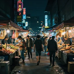 gritty cyberpunk night market at midnight