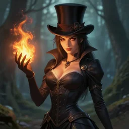 full portrait of a dark fantasy female pyromancer, smug, skintight dress, top hat, finesse, key visual, realistic shaded perfect face, fire, fine details, forest background, smooth, highly detailed, digital illustration, by artgerm, rossdraws, frank franzzeta