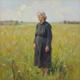 A painting of an old woman alone in a field by Stephen Gammell, digital art