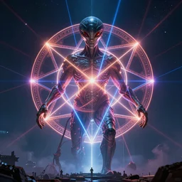 colossal ancient alien god trapped in a 3 dimensional volumetric form of the sacred geometry of evil, made of lasers, cast across the night sky, 8 k, ultra realistic, lens flare, atmosphere, glow, detailed, intricate, full of colour, cinematic lighting, trending on artstation, 4 k, hyperrealistic, focused, extreme details, unreal engine 5, cinematic, masterpiece
