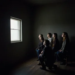 by gerald harvey jones daring. a group of people in a dark room. the only source of light is a small window in the corner. the people are all looking at something outside of the mixed mediart.
