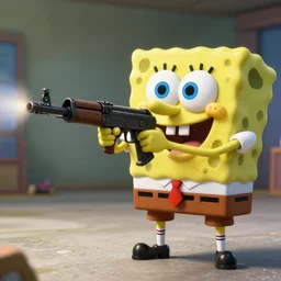 high detail movie still of ultra realistic spongebob squarepants shooting an ak - 4 7 machine gun with muzzle flash, cinematic framing rule of thirds, cinematic light, in the style of battle field 5