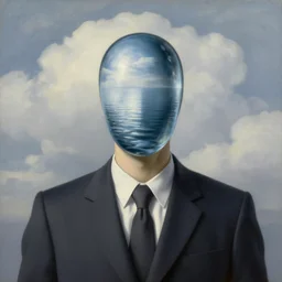portrait of a faceless reflective water - head man in a suit, clouds in the background, by rene magritte, detailed painting, distance, middle centered, hd, hq, high resolution, high detail, 4 k, 8 k