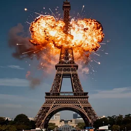Colored photograph of an explosion on the Tower Eiffel
