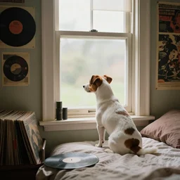 photography of a jack russel. watching outside the window. on a bed. in a vintage room full of vinyls and posters, volumetric light, photorealistic, award winning photo, 1 0 0 mm, sharp, high res
