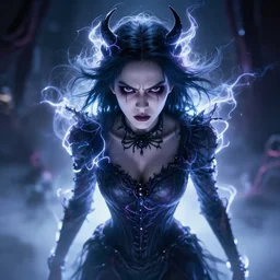photorealistic full shot portrait of angry darkness anime girl, electric aura, beautifull eyes, inspired by tim burton, detailed, unreal engine 4 k, volumetric light, fog