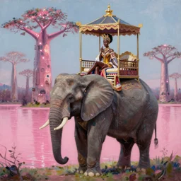 a regal and elegant african queen sitting in a cabana on top of an extremely large elephant near a pink lake with a large glowing baobab tree, by greg rutkowski and android jones in a cyberpunk style, oil on canvas 8k, hd