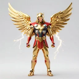 Thor in Gold and Red Ornate Armor with Gold Wings, Lightening around the hands and eyes, levitating above the ground, highly detailed, intricate armor, symmetry,