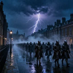 a beautiful fantasy illustration of rainy victorian london at dusk by greg rutkowski, photoshop, zbrush, featured on artstation, thunderstorm and bolts of lightning, wet concrete, puddles of water, dramatic composition, dark night, dark blue hue, medieval soldiers marching, medieval soldiers marching, medieval soldiers marching, volumetric fog, vertical orientation