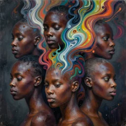 fantastic extraordinary beautiful afro - american women with bald head into fluid infinity variations of colours mass, close - up, piotr jablonski, jeff dekal, jeff simpson, intricate details, hyperrealistic oil painting on canvas, deep depth field, hd, hdr, 4 k, 8 k