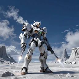 a armored core v by liam wong, fromsoftware, booster flares, laser rifles, smoke, dark blue sky, cloud, empty wilderness ground, karst landscape ; wide shot, outdoor, digital painting, cinematic contrast, dynamic backlighting, sharp edge, motion blur