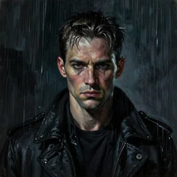 a somber painting of the replicant roy batty that asks the viewer to question the very purpose of life when all memories will be lost in time like tears in the rain, in the style of blade runner, ridley scott