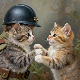painted closeup of cute kittens fighting ww 1 soldier, fantasy intricate elegant extremely detailed digital painting trending artstation concept art sharp focus illustration art by gustave courbet greg rutkowski craig mullins