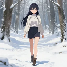 full - body anime girl by davinci walking through very scenic snowy forest, upper - body beautiful extremely detailed illustration, stunning face and eyes, pretty, pixiv gelbooru danbooru