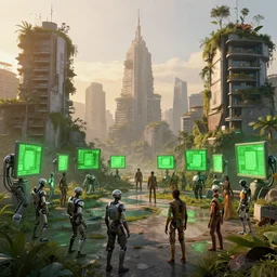 a cinematic composition depicting : we're overlooking a cyberpunk civilization with overgrown buildings by santiago calatrava, where a solarpunk tribe is peacefully collaborating with their android helpers and bright green computer screens, octane render, hyperrealistic, at sunrise, by edward hopper