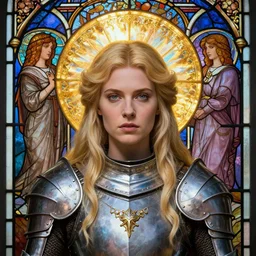 masterpiece head-on symmetrical centered portrait, Elisha Cuthbert as a Gloomhaven paladin, medieval era, blonde hair, prismatic golden halo around her head, wearing plate armour, elegant, distant, stained glass tarot style, in the style of Edgar Maxence and Ross Tran and Zdzisław Beksiński and Michael Whelan and Mucha and Gustave Doré, specular highlights, 8k, octane render